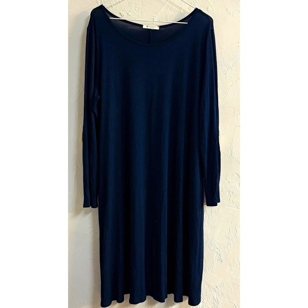 BOMBOM Blue Solid Round Neck Long Sleeve Shift Knee Dress Women’s L
